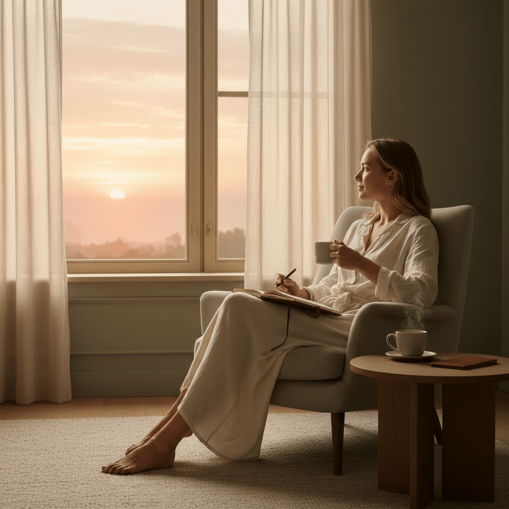 Persona reflexionando por la mañana junto a una ventana