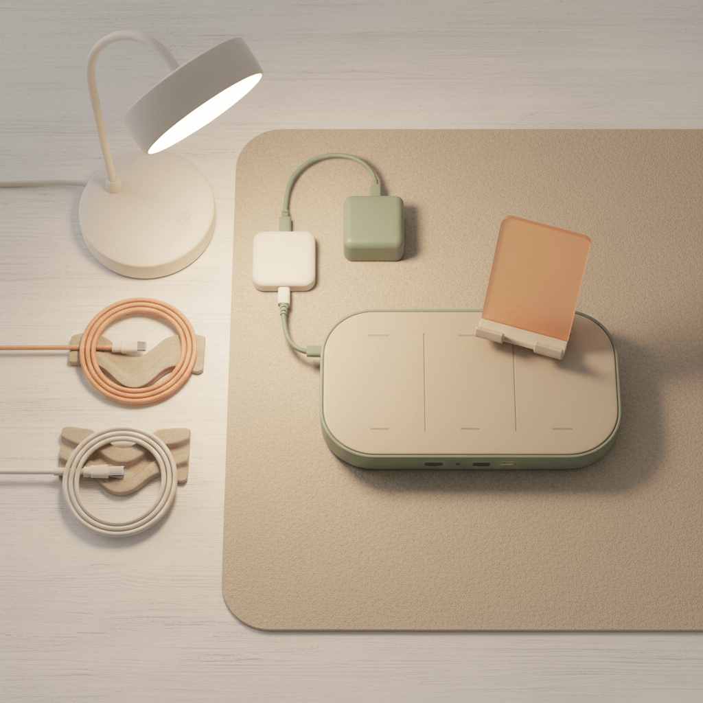 Escritorio ordenado con pequeños gadgets útiles