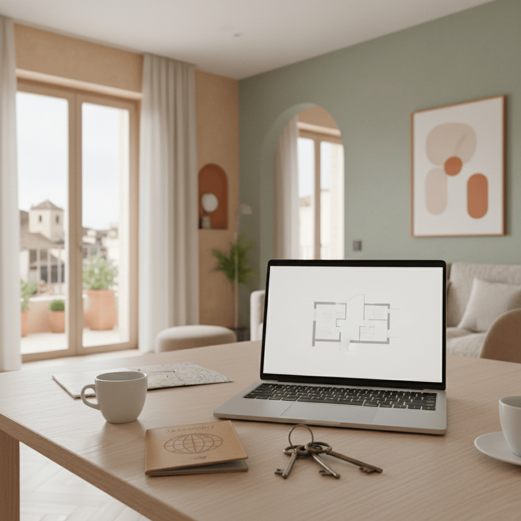 Vivienda española con pasaporte, llaves y ordenador