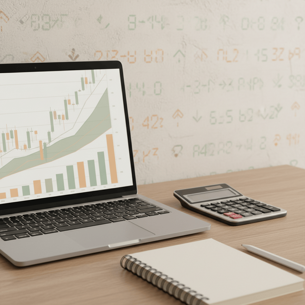 Mesa de análisis financiero con gráficos y calculadora