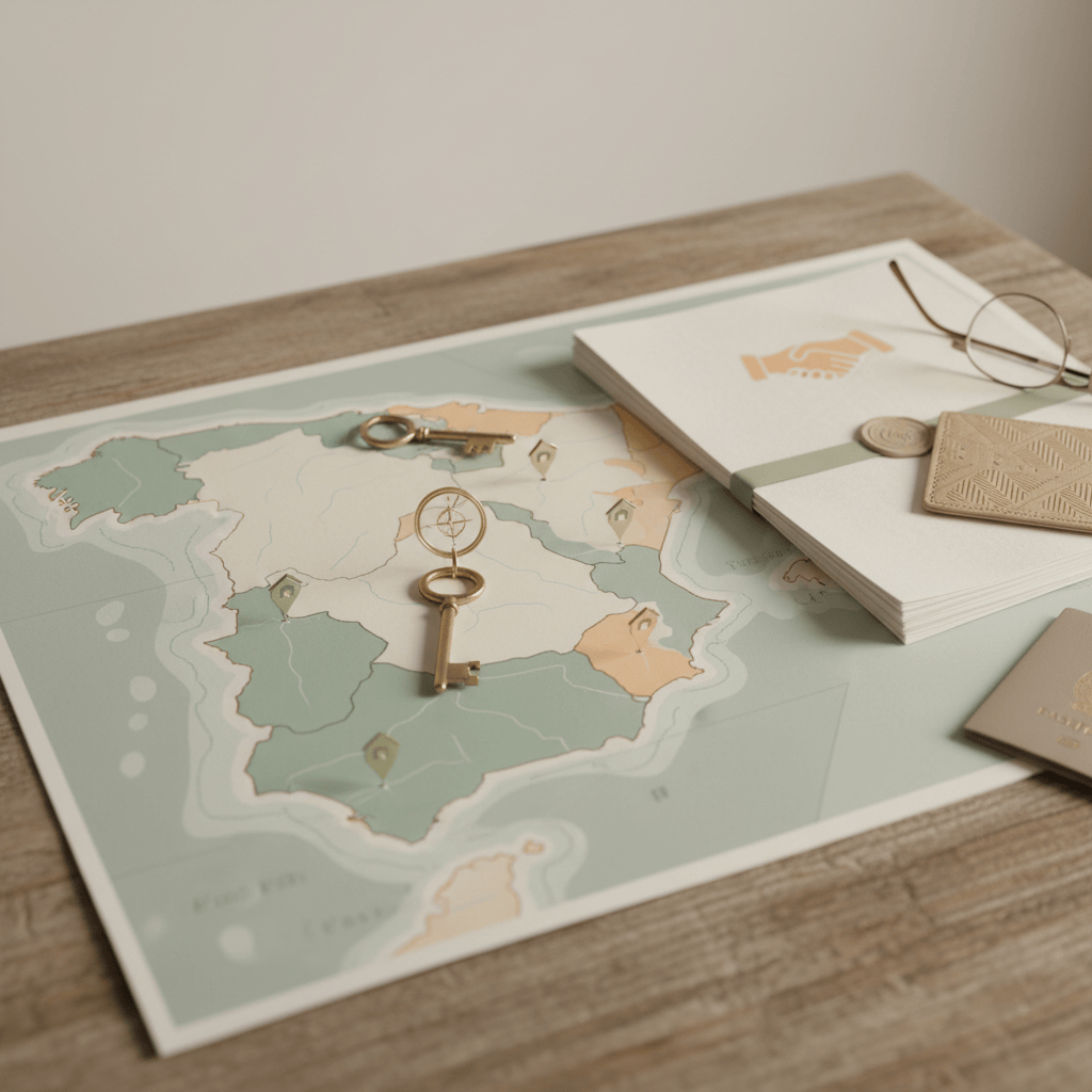 Mapa de España con llaves y documentación de vivienda