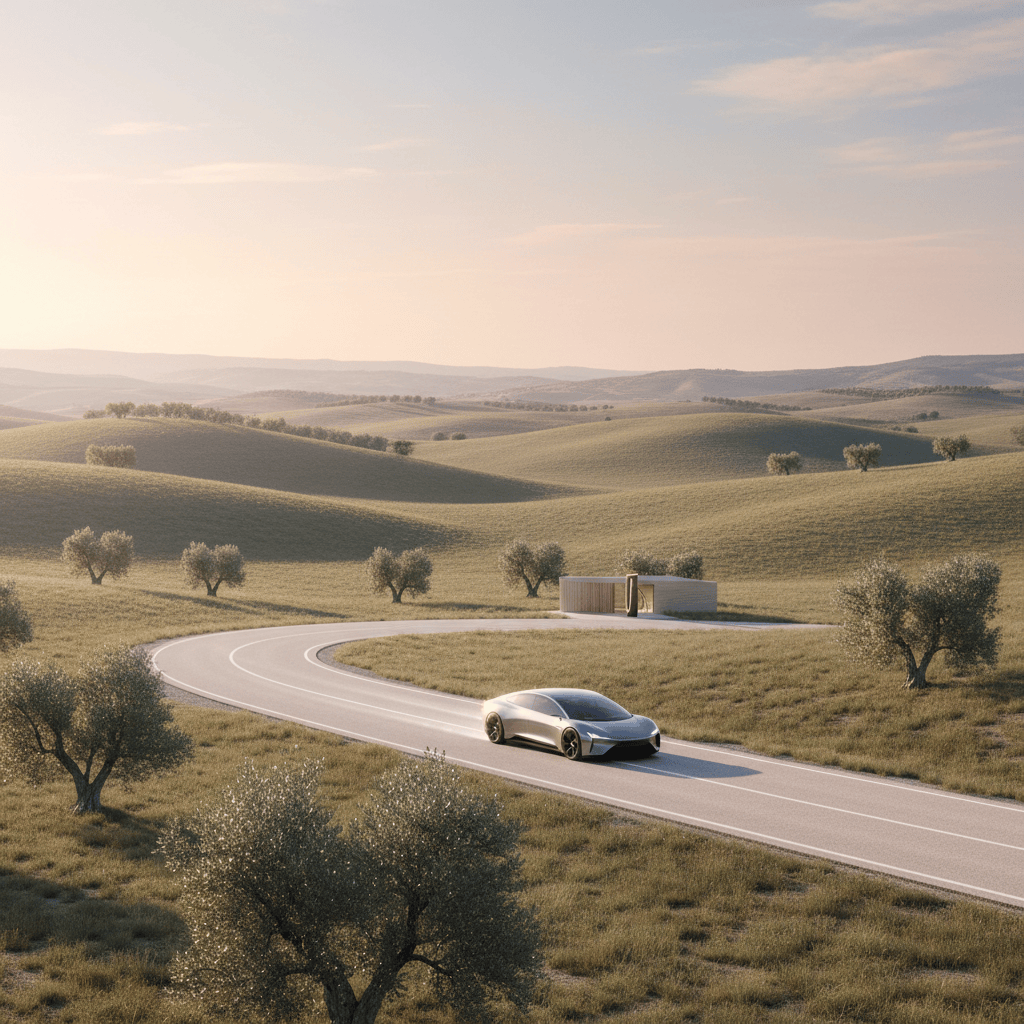 Coche eléctrico circulando por una carretera europea
