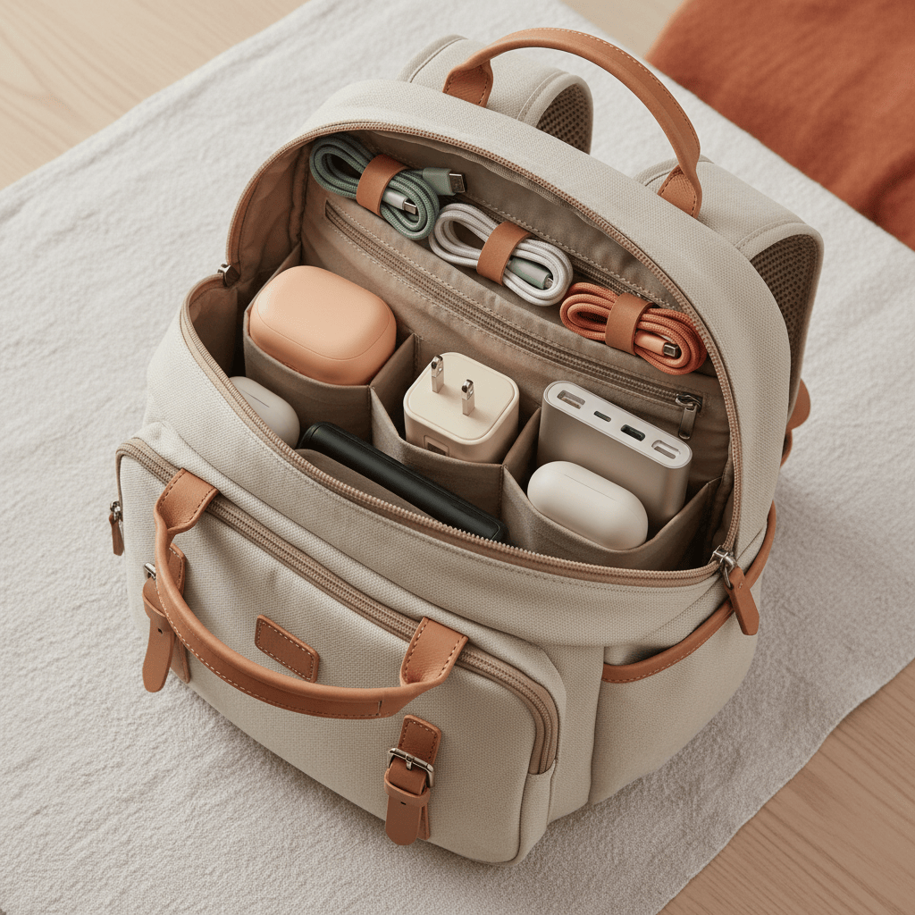 Mochila de viaje con gadgets y cables organizados
