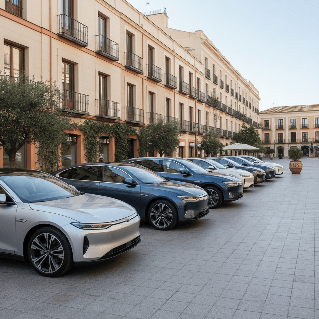 Varios coches modernos de diseño asiático en una ciudad española