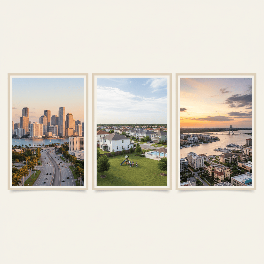 Comparación visual de Miami, Orlando y Tampa para inversión inmobiliaria