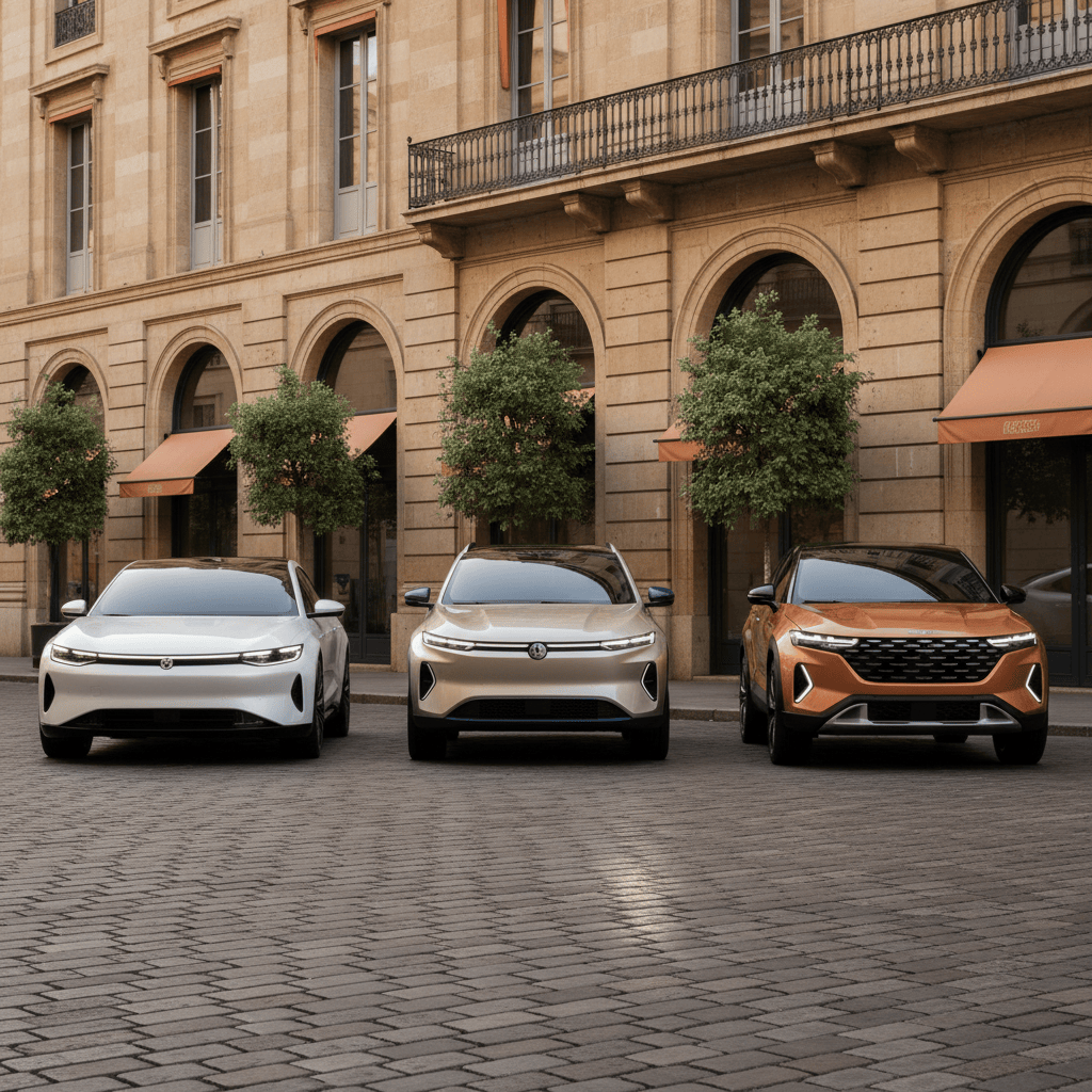 Vehículos modernos que representan eléctricos, híbridos y nuevas marcas