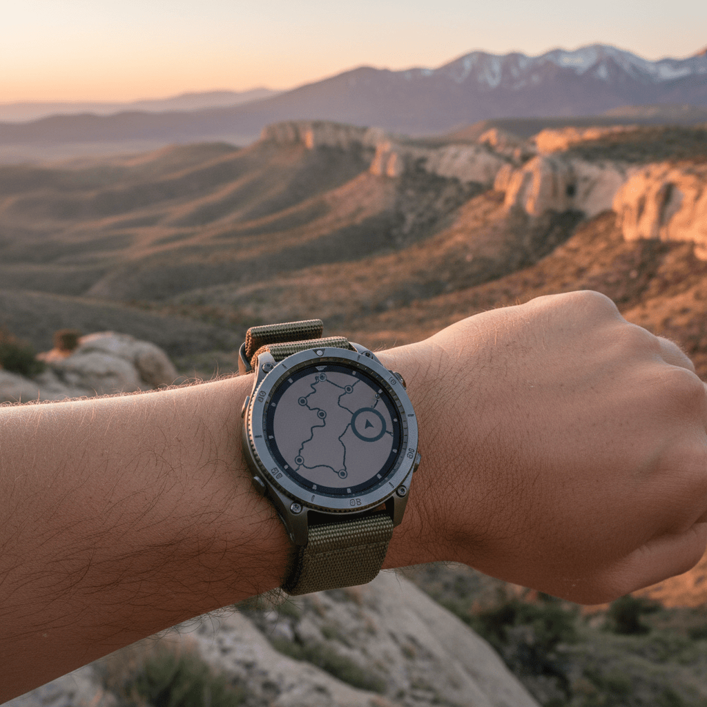 Reloj inteligente con navegación durante una ruta en la montaña