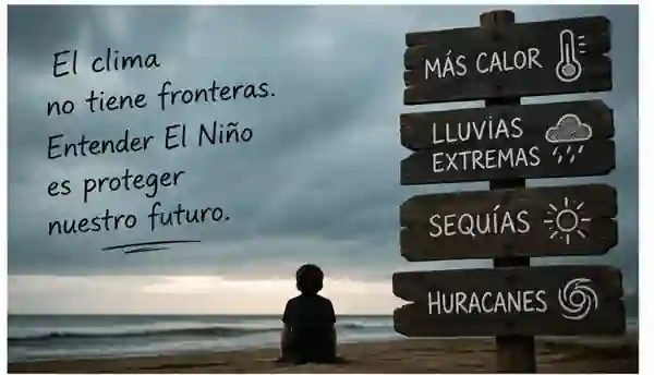 Imagen editorial de DIDISELOP sobre el fenómeno climático Súper Niño 2026.