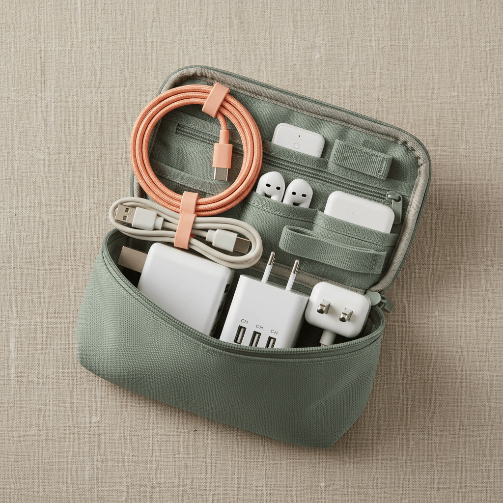 Accesorios USB-C organizados en una mochila tecnológica