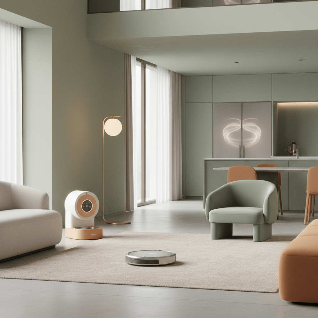 Hogar moderno con varios dispositivos inteligentes y un pequeño robot doméstico.