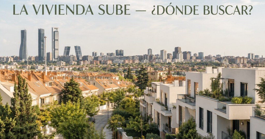 Barrio residencial arbolado con el perfil urbano de Madrid al fondo.