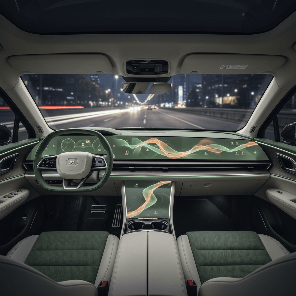Interior de un SUV moderno con una interfaz visual de inteligencia artificial.