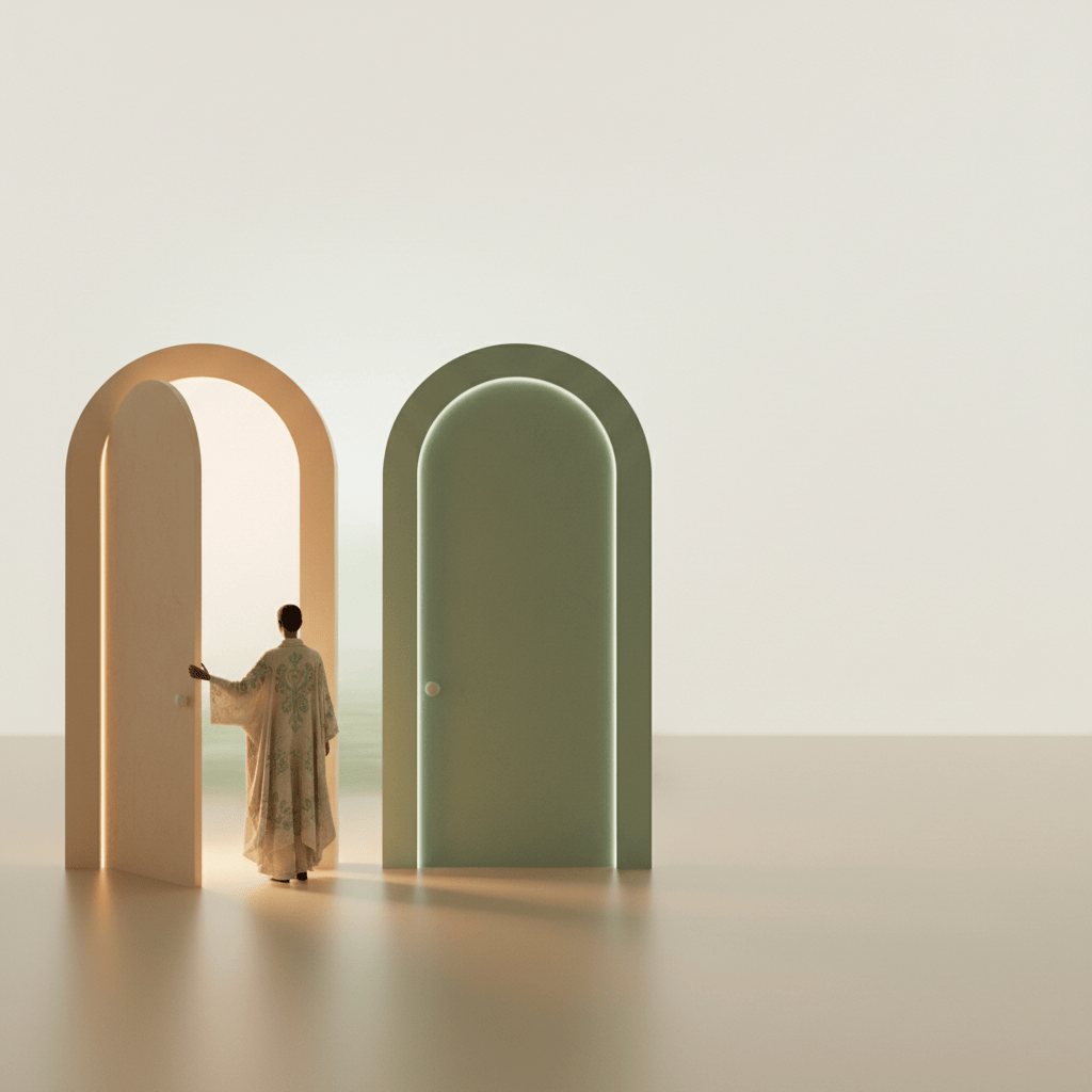 Persona ante dos puertas como metáfora visual de elegir y renunciar.