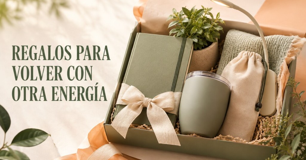 Caja de regalo con cuaderno, taza, planta y accesorios para la rutina.