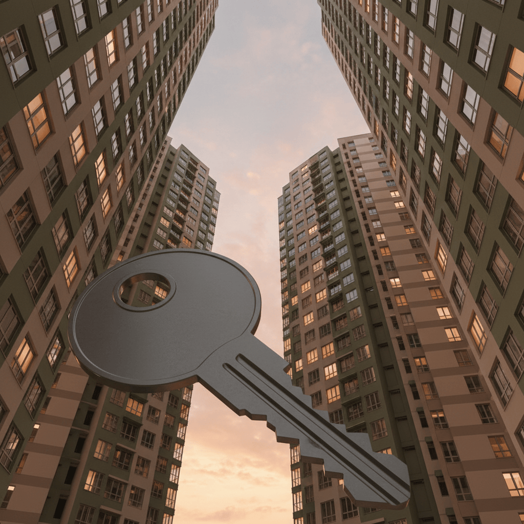 Edificios residenciales y una llave como símbolo de la escasez de vivienda.