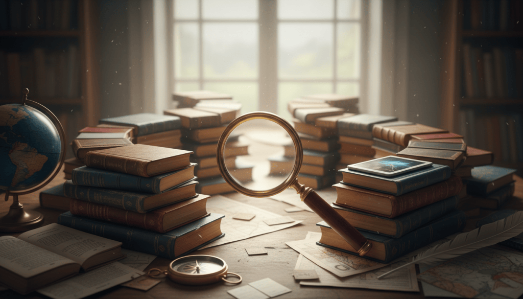 Libros y lupa como símbolo de curiosidad