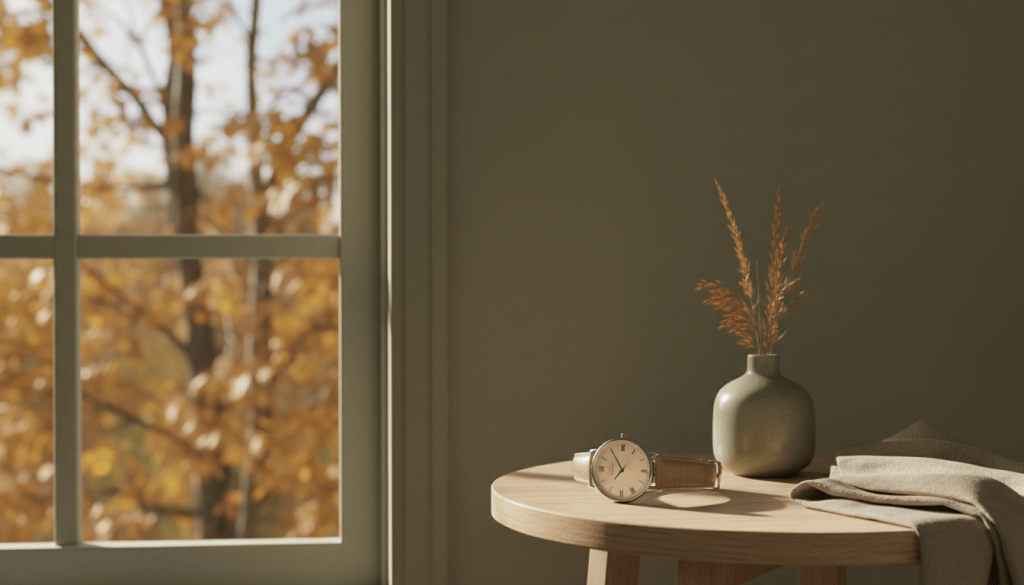 Reloj analógico junto a ventana otoñal