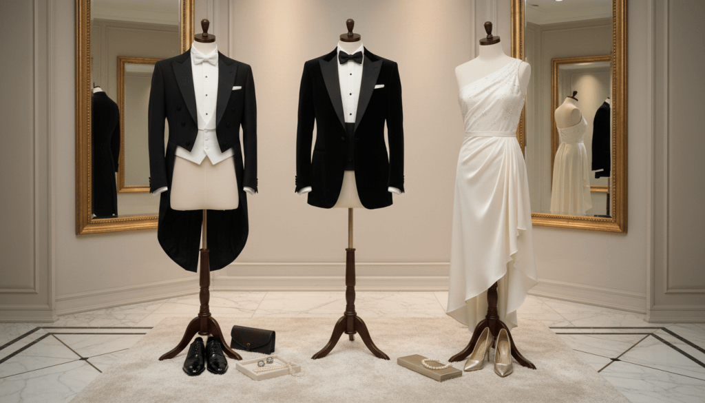 Tres conjuntos elegantes que representan los códigos de vestimenta de gala y cóctel