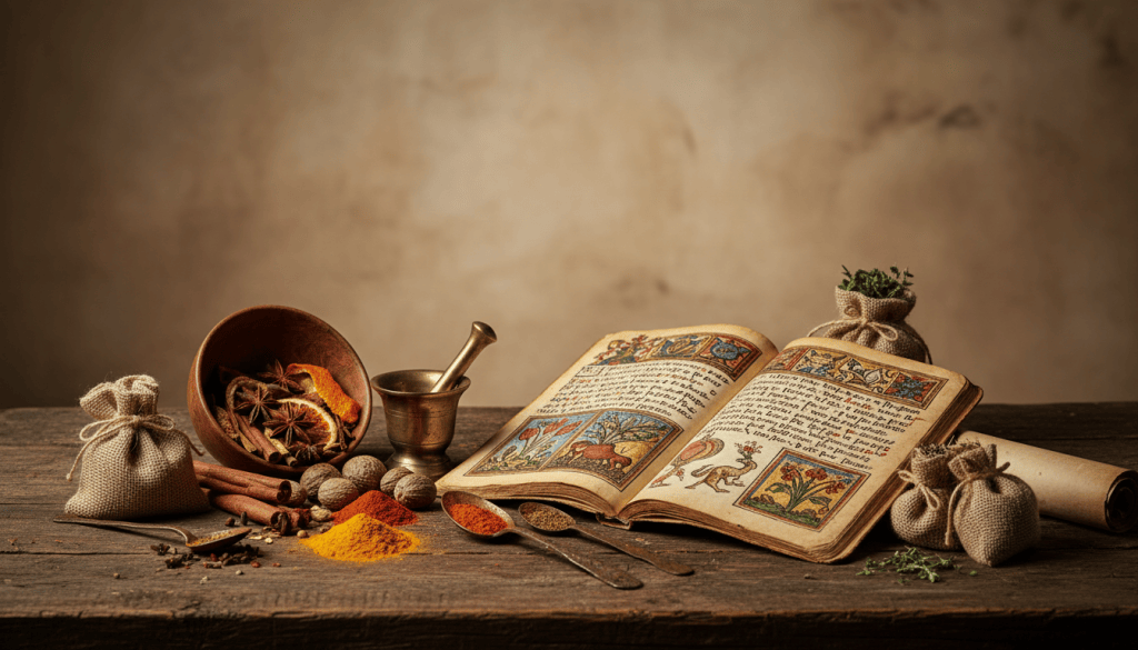 Detalle de antiguo manuscrito de recetas medieval y especias sobre mesa de madera, foto bodegón histórico