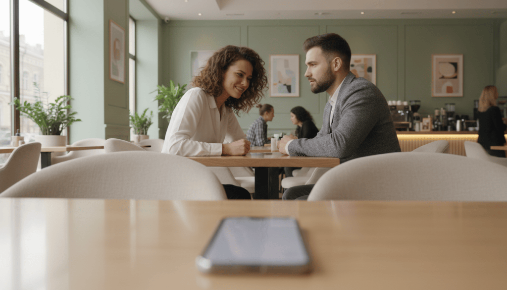 Teléfono móvil sobre la mesa mientras dos personas mantienen una conversación en una cafetería