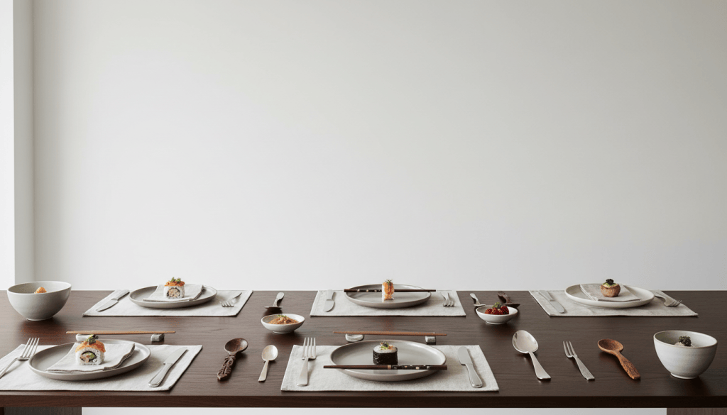 Mesa de comedor con cubiertos de distintas culturas, ambientación editorial elegante