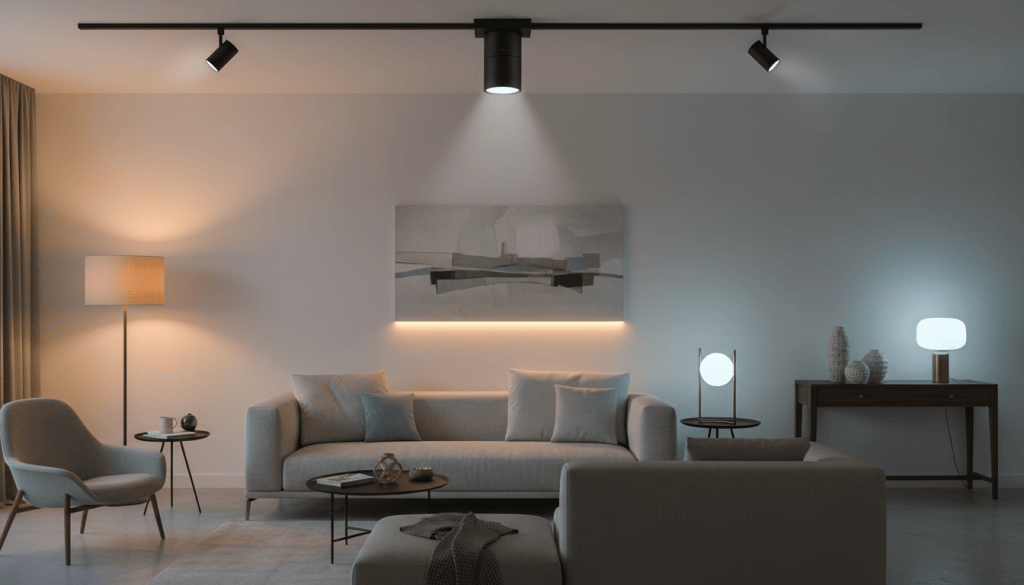 Foco de iluminación de interior LED y lámparas de distintas temperaturas en salón, fotografía
