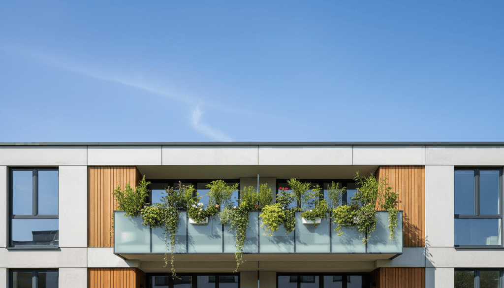 Arquitectura de vivienda con balcón y plantas bien conservadas, fachada moderna foto
