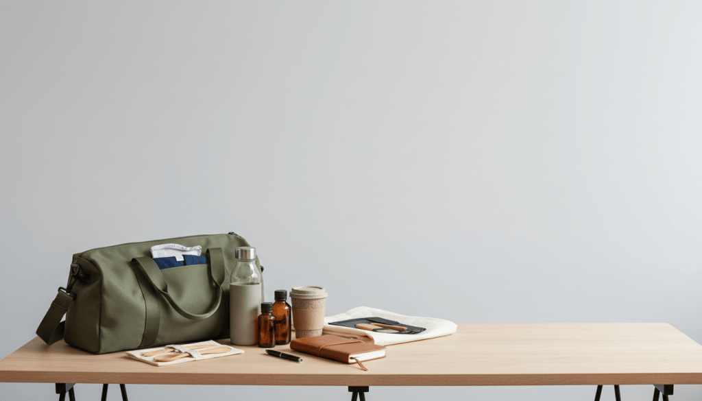 Mesa con maleta de fin de semana y accesorios de viaje reutilizables, foto editorial