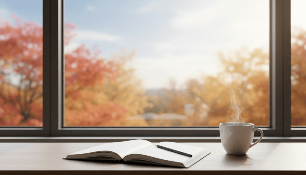 Mesa de lectura con cuaderno, lápiz y taza junto a ventana otoñal, fotografía evocadora