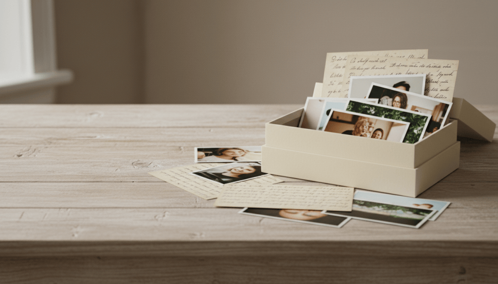 Caja de regalo con cartas escritas a mano y fotografías impresas en mesa de madera, editorial