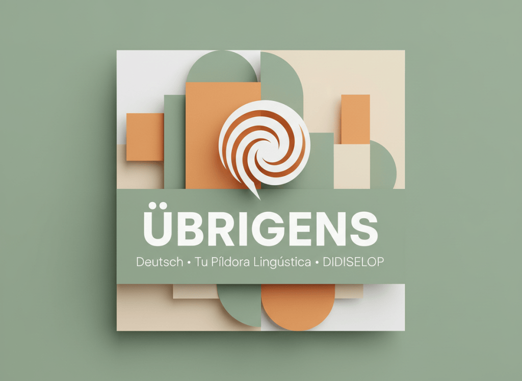 Editorial square image for DIDISELOP, sophisticated language-learning magazine aesthetic, sage green beige warm orange and white only, no black. Abstract geometric forms inspired by German editorial design, elegant speech motif. Include clearly legible typography exactly: “ÜBRIGENS” and small “Deutsch · Tu Píldora Lingüística · DIDISELOP”.