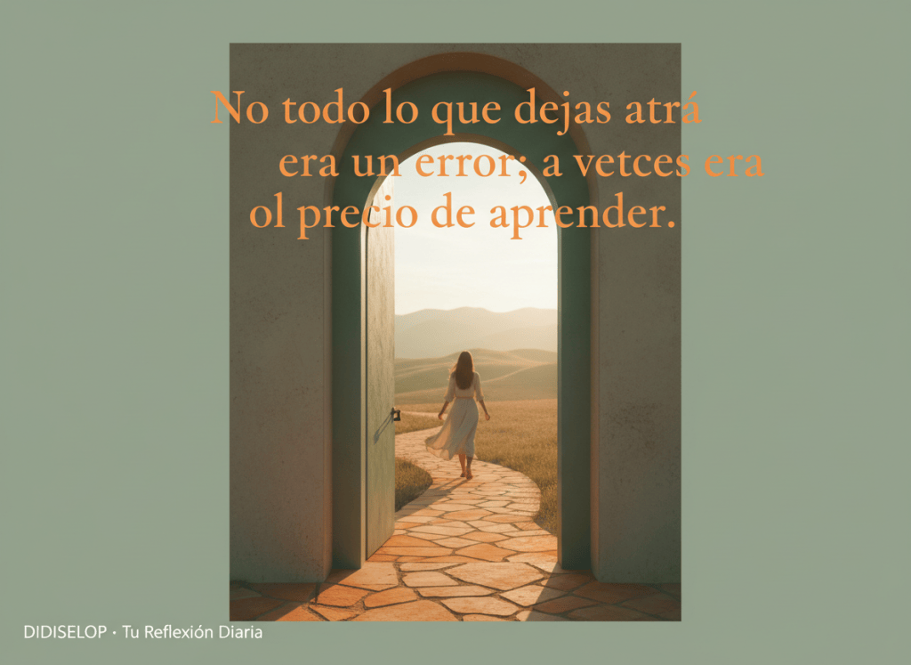 Editorial square image for DIDISELOP, sophisticated minimal magazine aesthetic, sage green beige warm orange and white only, no black. Quiet open doorway with soft morning light and a single path continuing beyond it, subtle human silhouette in motion. Include clearly legible Spanish typography exactly: “No todo lo que dejas atrás era un error; a veces era el precio de aprender.” and small “DIDISELOP · Tu Reflexión Diaria”.