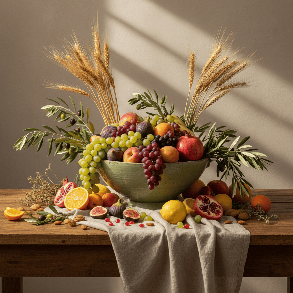 Composición abundante de frutos, espigas y ramas de olivo como símbolo de algo ubérrimo.