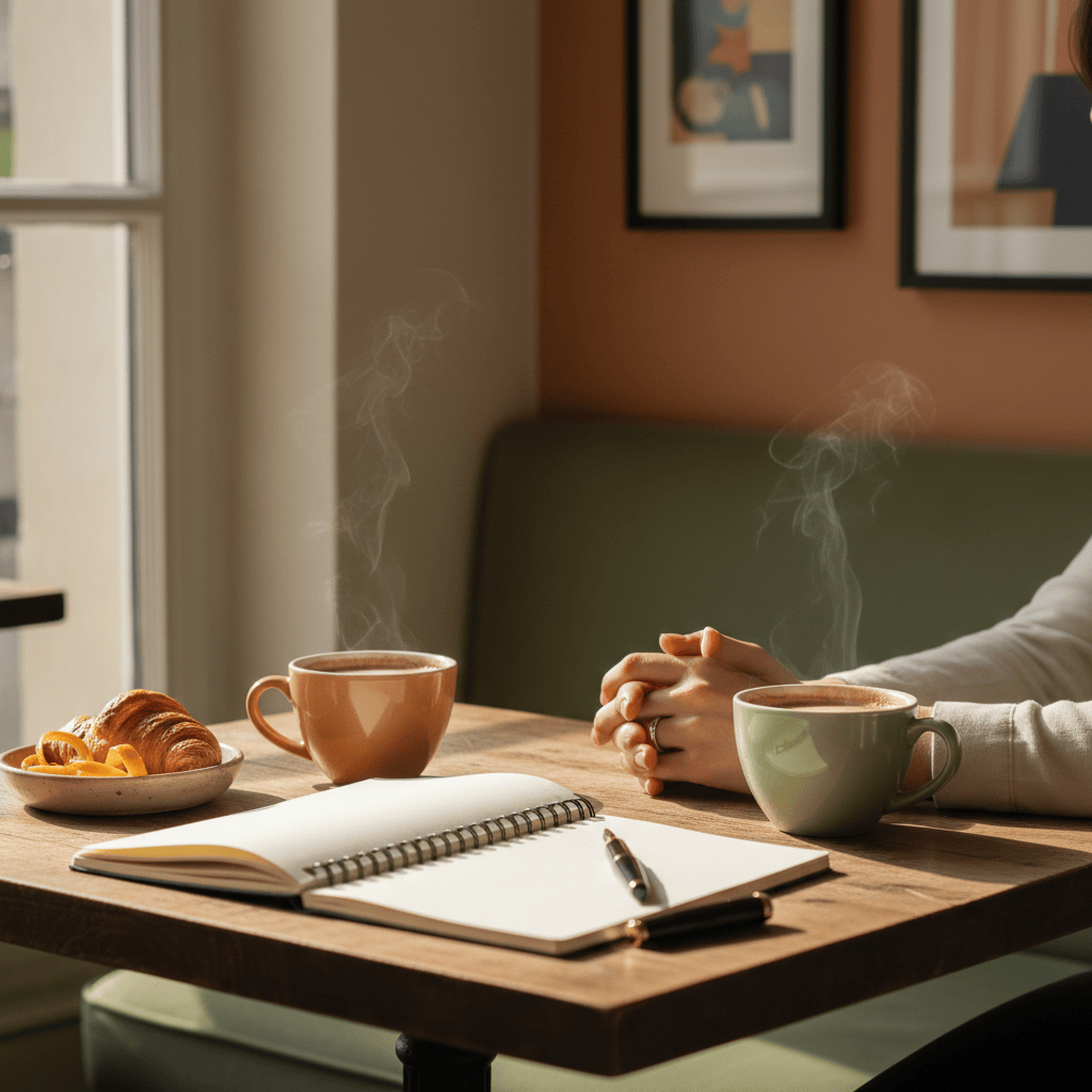 Mesa de café con cuaderno y dos tazas, imagen para una píldora lingüística diaria en alemán.