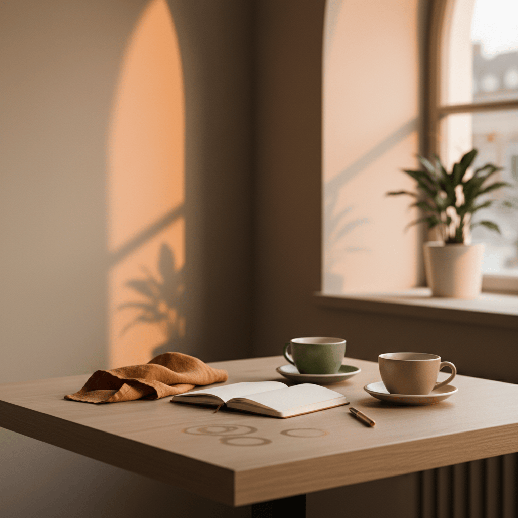 Dos tazas y un cuaderno sobre una mesa, imagen para la píldora lingüística diaria en inglés.