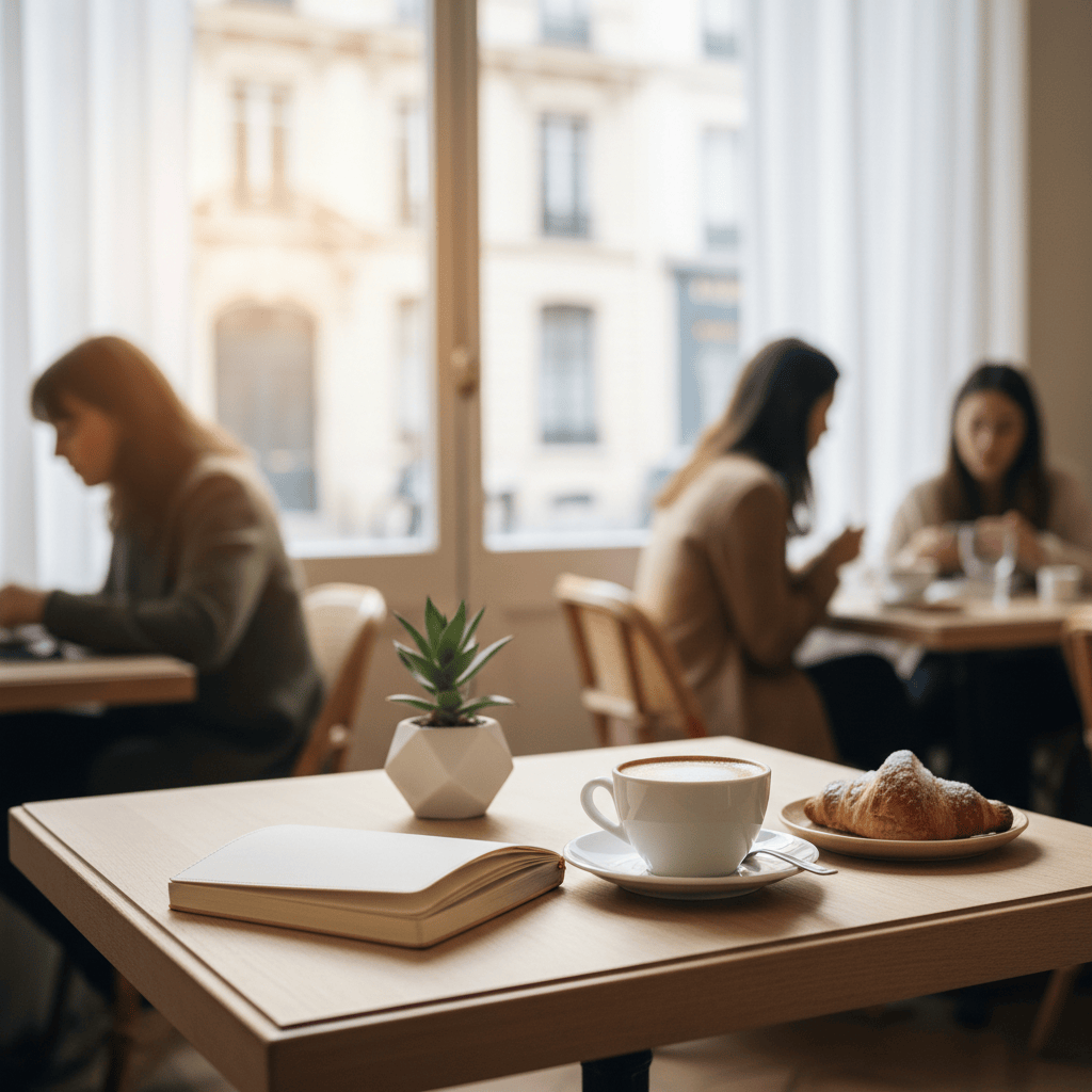 Mesa de café con cuaderno para una píldora lingüística diaria en francés.