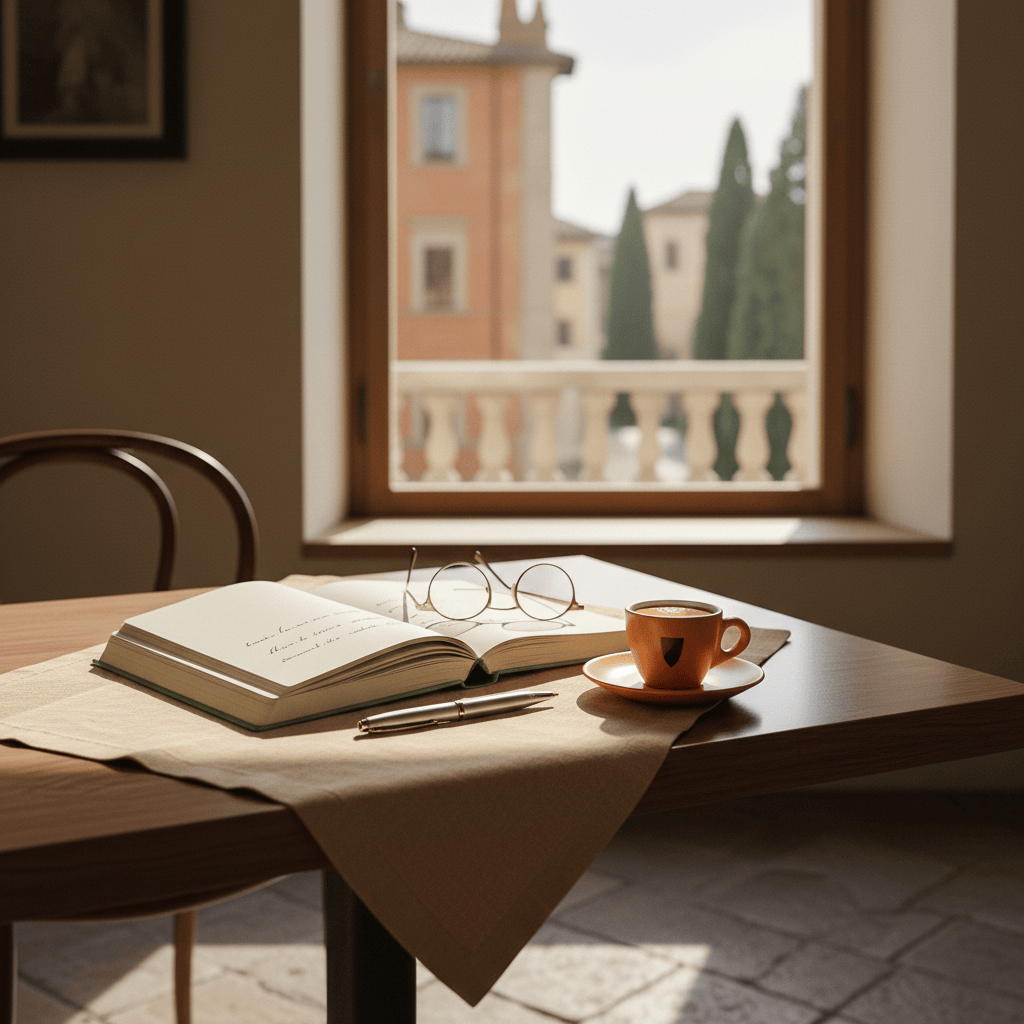 Mesa de café italiana con cuaderno abierto y luz cálida, imagen para la píldora lingüística en italiano.