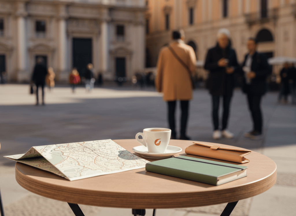 Mesa de café italiana con espresso, mapa y cuaderno, evocando conversación cotidiana en italiano.
