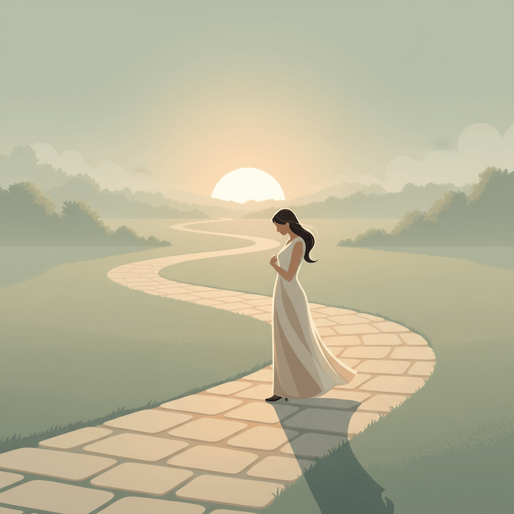 Una persona avanza por un camino al amanecer del que solo se ven los siguientes pasos.